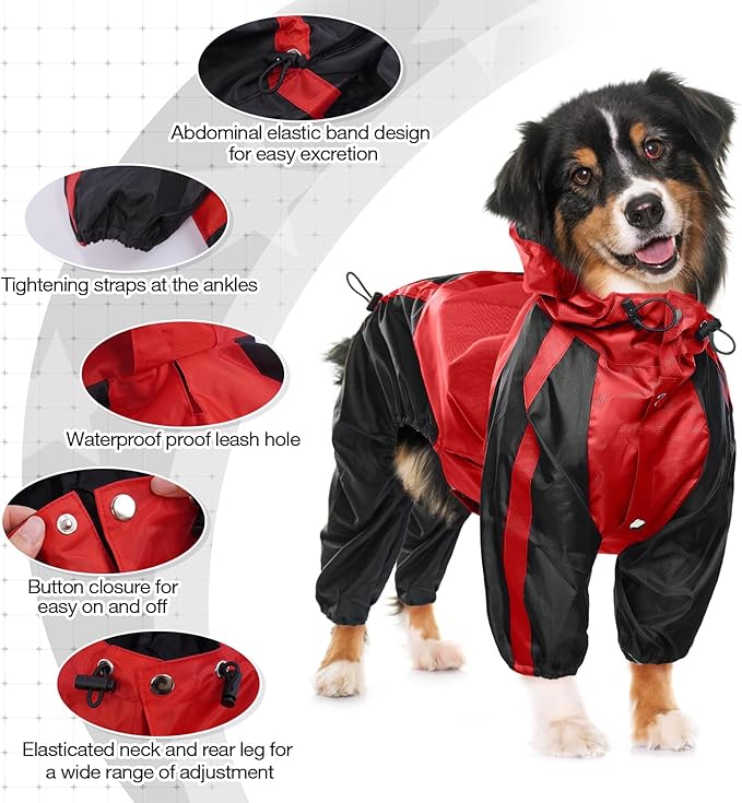 Dog Raincoat, Waterproof Dog Rain Coats for Large Dogs, Lightweight Rain Jacket, Adjustable 4 Legs Pet Poncho with Hood, Snow-Proof Dog Vest Rainwear, Rain Clothes Apparel with Leash Hole, Red