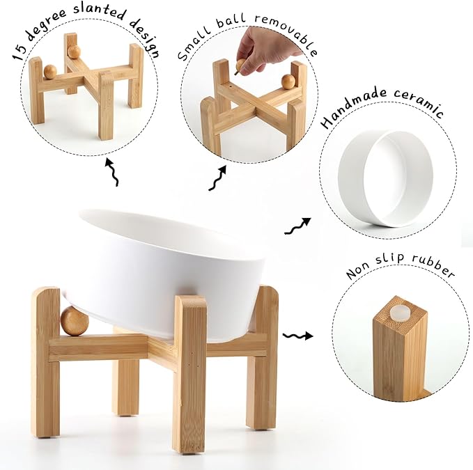 Petygooing White Elevated/Raised 15° Slanted Ceramic Dog Bowl for Large and Medium Breeds, Pet Anti Slip Feeding Bowl,Food Water Dish with Stand for Large and Medium Dogs (60 OZ / 7.6 Cup)