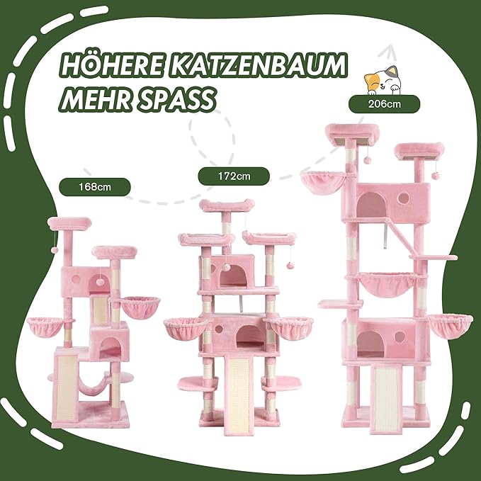 MUTICOR 81 inches Multi-Level Tall Cat Tree Tower for Indoor Kitties/Large Climbing Tree House for Big Feline/Condo/Sisal Scratching Posts/Plush Perches Platforms/Basket Hammock/Pink