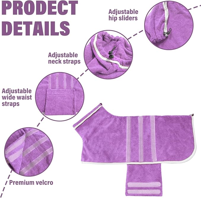 Dog Robe - Fast Drying Towel - Microfiber Super Absorbent Pet Bathrobe, Adjustable Collar & Belly Strap (Purple, Small)