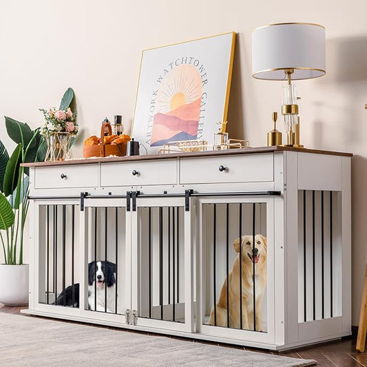 Sunseen Dog Crate Furniture for 2 Dogs,Wooden Double Dog Crate with Divider & 3 Drawer,Heavy Duty Large Breed Dog Kennel Furniture TV Stand End Table for Small Medium Large Dog (White)