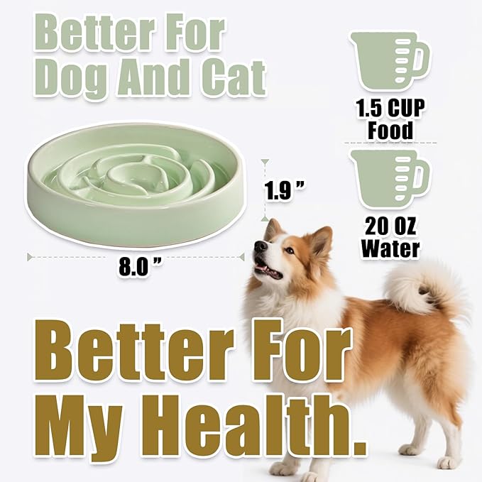 Ceramic Slow Feeder Dog Bowls with Anti-Slip, Slow Feeder & Non-Slip Design, Boredom and Anxiety Reducer, Suitable for All Breed Dogs and Cat (Ceramic-Green)