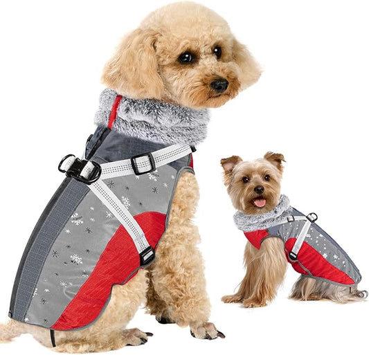 SlowTon Dog Jacket with Harness Built in - Waterproof Fleece Winter Warm Dog Coats for Small Medium Dogs, Reflective Adjustable Furry Puppy Vest Clothes for Outdoor Walking (Red & Black,S)