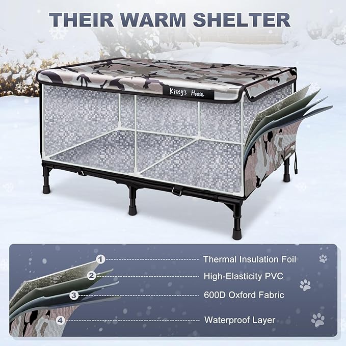 Outdoor Cat House - Weatherproof Outdoor Cat Shelter with 2 Doors & Rain Cover, Waterproof Cat House for Feral Cats & Stray Pets (32"x22"x18") - Unheated