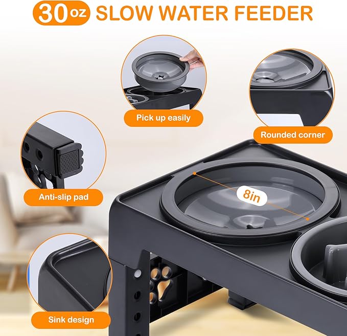 Elevated Dog Bowls, Raised Dog Bowl with 2 Stainless Steel Dog Food Bowls, Dog Bowls Stand Adjusts to 5 Heights 2.95", 8.46", 9.65", 10.82", 12.01" for Small Medium Large Dogs Cats Pets,Black