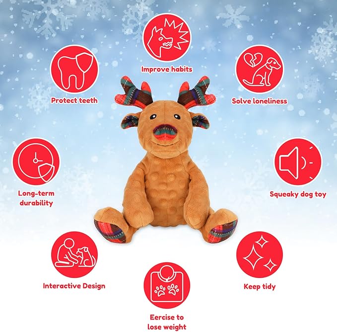 Rypet Christmas Reindeer Dog Toys Durable Plush Dog Toys with Crinkle Paper Interactive Dog Stuffed Squeaky Toys for Puppy Medium Small Dogs Cleaning Teeth and Relieving Anxiety