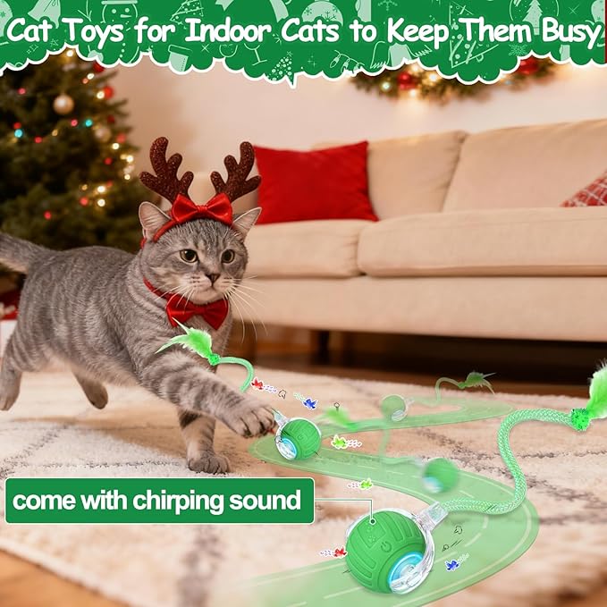 Interactive Cat Toy Ball - Christmas Cat Toys for Indoor Cats with Feather Tails for Chasing, Moving Stimulation Smart Cat Toy for Enrichment, Motion Activated Automatic Rolling Toys to Keep Them Busy