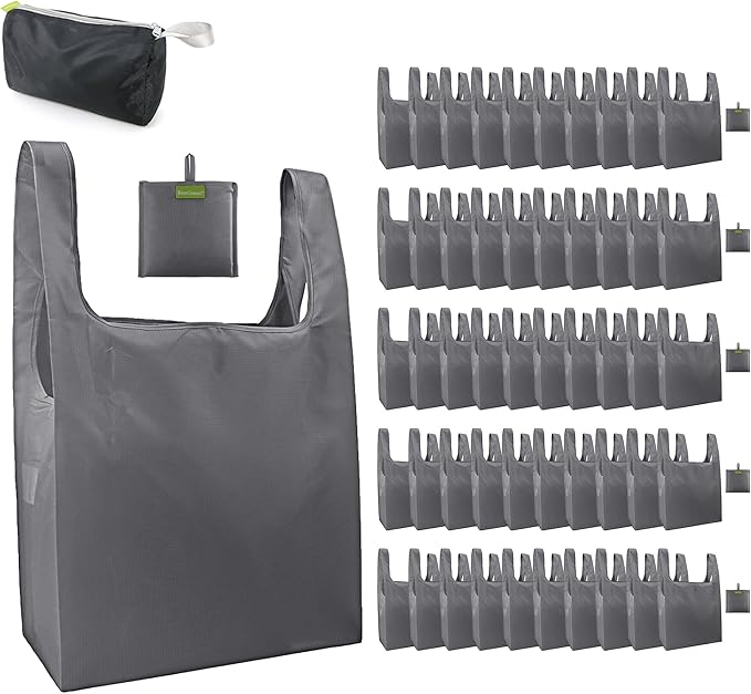 BeeGreen Grey Reusable Grocery Bags Wholesale Gray Reusable Kitchen Bags Bulk with Elastic Band Foldable-Machine Washable with Zipper Storage Pouch 50 Packs