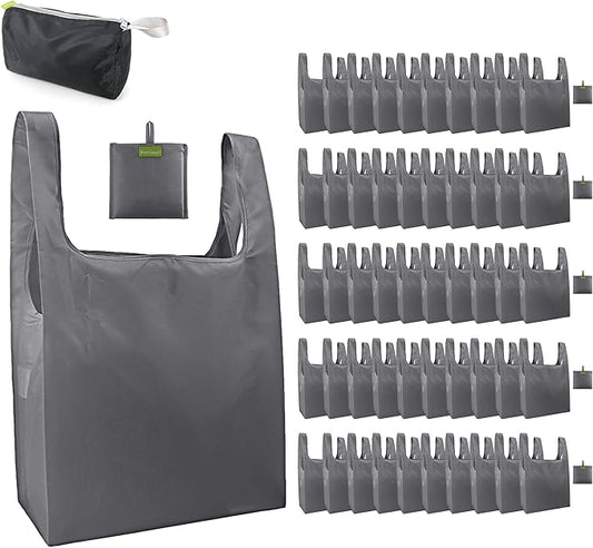 BeeGreen Grey Reusable Grocery Bags Wholesale Gray Reusable Kitchen Bags Bulk with Elastic Band Foldable-Machine Washable with Zipper Storage Pouch 50 Packs