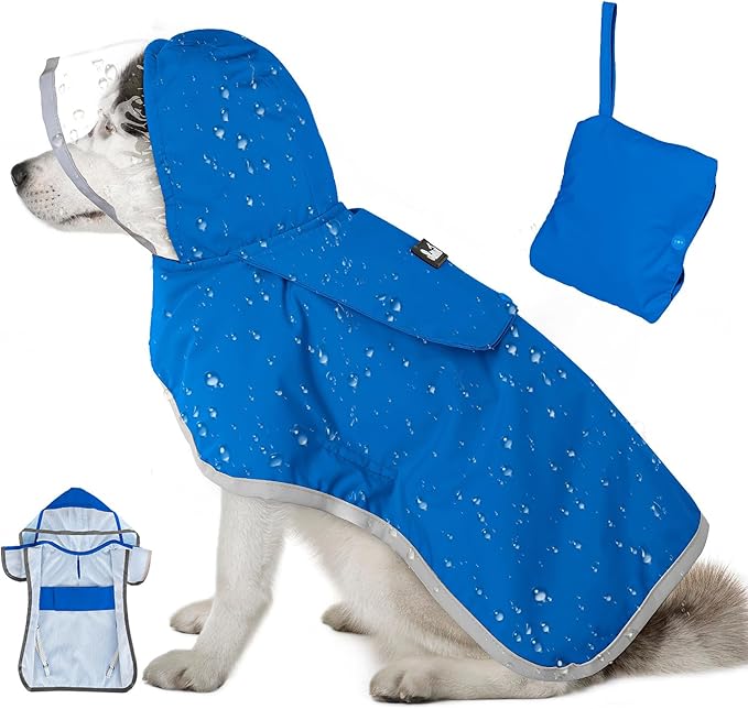 Lukovee Dog Raincoat, Adjustable Dog Rain Jacket with Clear Hooded Double Layer for Large Medium Small Dogs Puppies, Waterproof Rain Coat Poncho with Reflective Storage Pocket & Rim (BL,M)