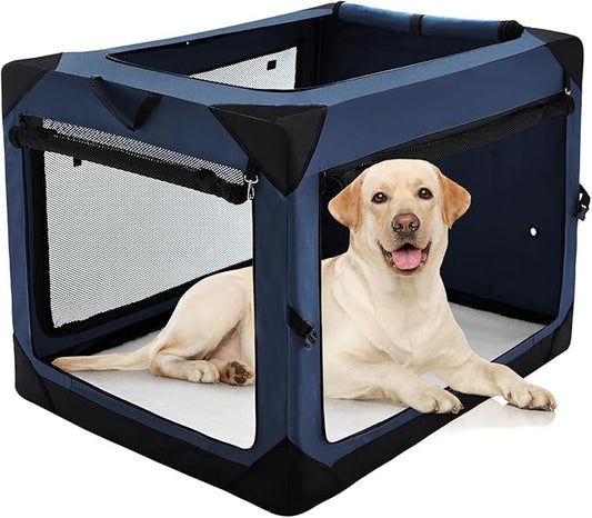 Pettycare 42 Inch Collapsible Dog Crate for Large Dogs, 4-Door Foldable Soft Side Kennel with Chew Proof Mesh Windows, Indoor & Outdoor Travel Crate, Navy Blue