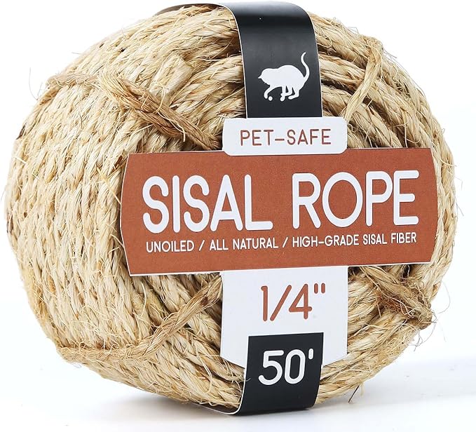 Twisted Sisal Rope 1/4" x 50ft - All Natural Chemical Free, Cat Tree Rope Twine for Scratching Post Repair, Replacement, and Crafts Gardening Home Decorating