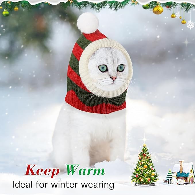 Pawaboo Christmas Pet Hat, Funny Knitted Pets Cap with Pompon, Cute Crocheted Snood Winter Warm Pet Hat, Neck Ear Warmer Hood Warm Scarf Xmas Decoration Santa Hats for Small Dogs, M, Red+Green