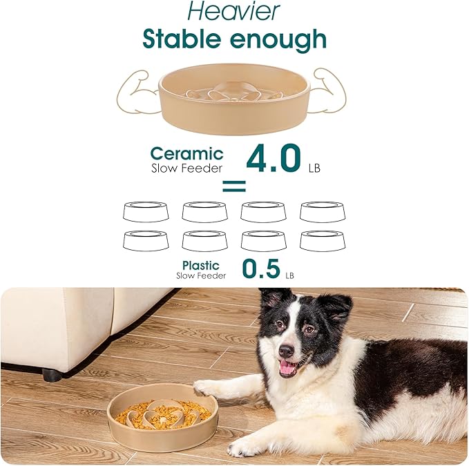 vancasso Slow Feeder Dog Bowl, 3 Cups Ceramic Slow Feeder for Large Breed, Puzzle Maze Dog Food Bowl for Fast Eater, Khaki