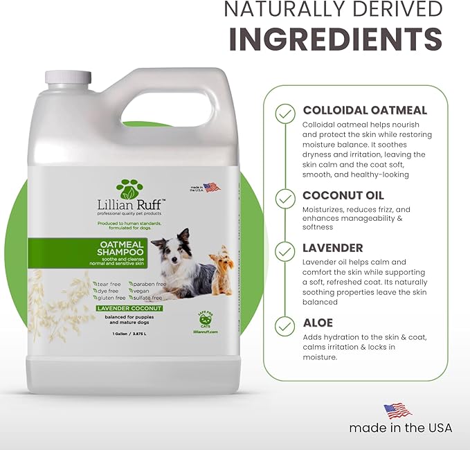 Lillian Ruff PRO Formula Deodorizing Oatmeal Dog Shampoo - Calms Itching & Allergies, Ultra-Nourishing Dry Skin Relief - Oatmeal, Aloe, Coconut Oil, Lavender & Provitamin B5 - Made in USA (Gallon)