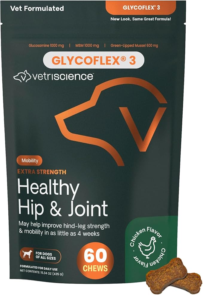 VetriScience Extra Strength Hip & Joint Supplement for Dogs, GlycoFlex 3 –Vet Formulated Glucosamine, MSM & Green-Lipped Mussel Chews for Mobility, Flexibility & Joint Support, Chicken Flavor, 60ct