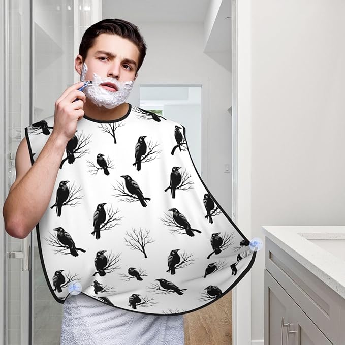 Adjustable Beard Bib, Non-Stick Hair Catcher Cape for Men's Shaving, Waterproof with 2 Suction Cups, Tree Branch Black Crow Raven Bird Shave Bib