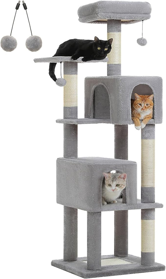 Cat Tree for Indoor Cats, 62" Multi-Level Cat Tower with 2 Spacious Condos, Scratching Pad, 4 Cat Scratching Posts, 2 Top Perches, 2 Pompoms, Grey