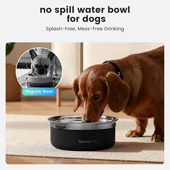 Gardner Pet Slow Water Bowl for Dogs, 2L/68oz Spill-Proof Pet Water Bowl with Floating Disk & Filter Screen, Stainless Steel No-Spill Water Dispenser for Small & Medium Pets