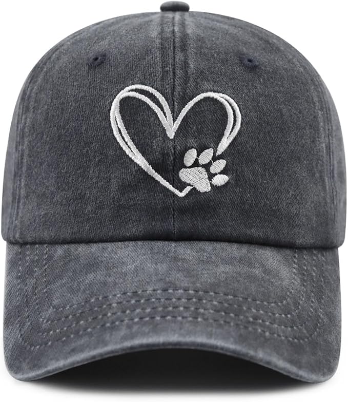Dog Paw Print with Love Heart Hat for Women Men, Funny Adjustable Cotton Embroidered Dog Lovers Gifts Baseball Cap