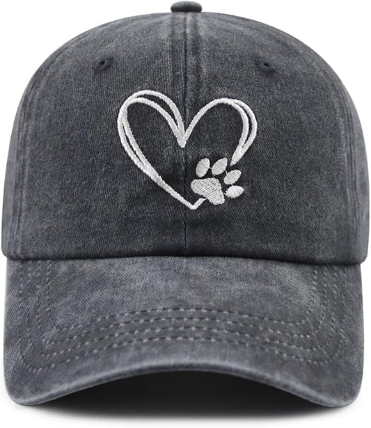 Dog Paw Print with Love Heart Hat for Women Men, Funny Adjustable Cotton Embroidered Dog Lovers Gifts Baseball Cap