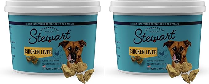 Stewart Chicken Liver Dog Treats, 1.5 oz, ~25 Pieces, Freeze Dried Raw, Single Ingredient, 60% Protein Training Treats or Meal Topper in a Resealable Tub, Grain Free, Gluten Free (Pack of 2)