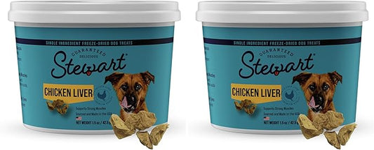 Stewart Chicken Liver Dog Treats, 1.5 oz, ~25 Pieces, Freeze Dried Raw, Single Ingredient, 60% Protein Training Treats or Meal Topper in a Resealable Tub, Grain Free, Gluten Free (Pack of 2)