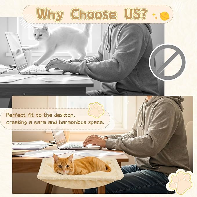 Erinnyees Cat Desk Bed, Cat Hammock for Desk, Washable Soft Plush Pet Mat, Supporting up to 44 Pounds, Nest Bed, Modern Pet Furniture Suitable for Home and Office, Square