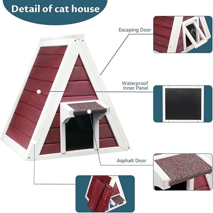 Petsfit Outdoor Cat House Weatherproof, Outside Feral Cat House with Escape Door,Outdoor Indoor Pet House for Small Animal, Small Rabbit Hutch Red