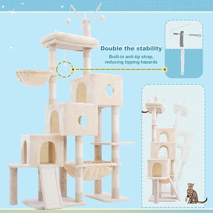 Hey-brother Cat Tree Tower, Scratching Posts with 3 Condos, Large Basket, Cozy Bed, Sisal Board, Step-by-Step Climbing Pathway and Toys, 74.8 inches Furniture for Big Indoor Cats, Beige MPJ081M