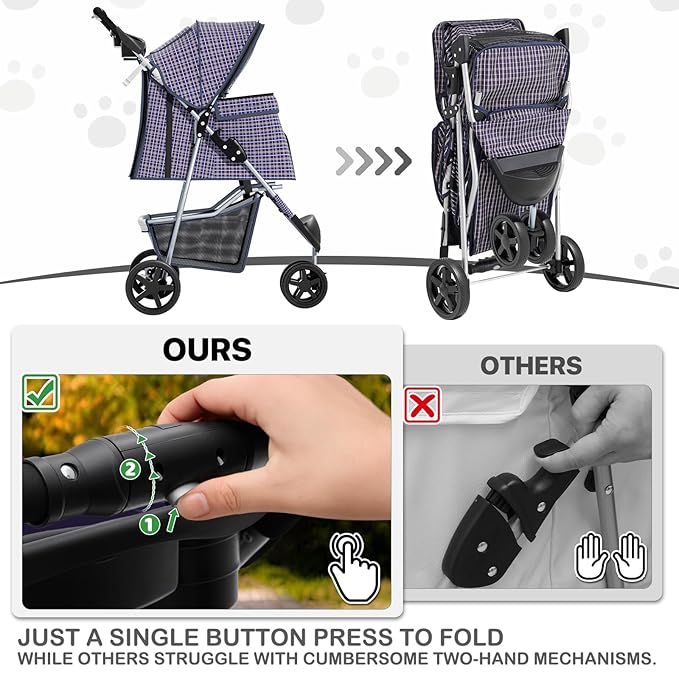MoNiBloom 3 Wheels Pet Dog Cat Stroller for Small Medium Dogs Cats, Lightweight Foldable Jogger Stroller w/Storage Basket and Cup Holder, Plaid