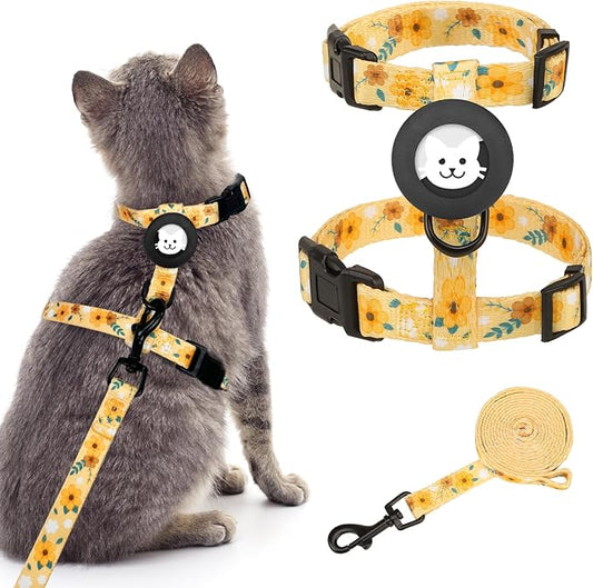 BINGPET Cat Harness and Leash Set Escape Proof for Walking,Adjustable Kitten Harness with Airtag Holder for Small Medium Large Cats (Yellow Flower Print,Neck:8"-12",Chest:12.5"-18")