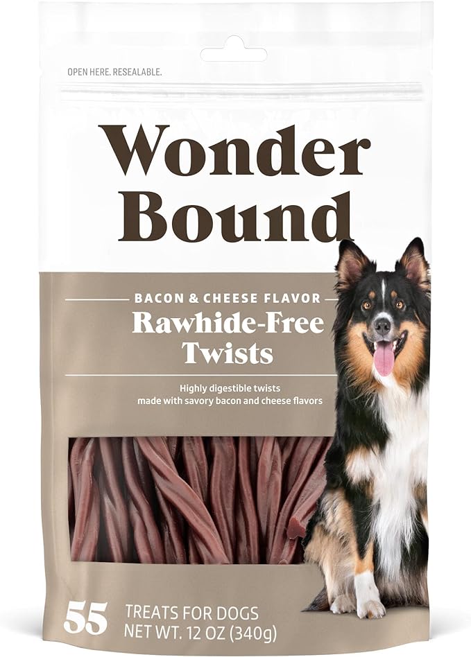 Wonder Bound Bacon & Cheese Flavor Dog Twist Sticks - 55 Count - Rawhide-Free Dog Treats, Dental Health Chews for Plaque & Tartar Control, Easy to Digest, Long-Lasting