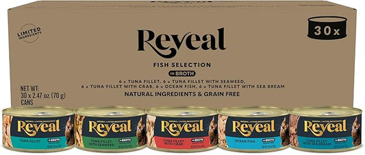 Reveal Natural Wet Canned Cat Food, Limited Ingredient, Grain Free, High Protein with No Artificial Additives, Fish and Chicken Variety in Broth (20 x 2.47 oz Cans)