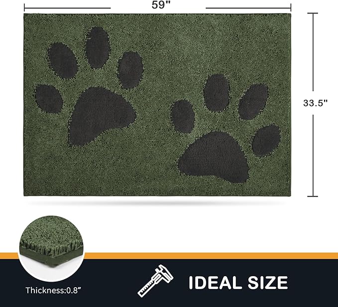 PURRUGS Dirt Trapping Door Mat 33.5" x 59", Non-Skid/Slip Machine Washable Microfiber Entryway Rug, Dog Doormat, Super Absorbent Welcome Mat for Muddy Wet Shoes and Paws, Green