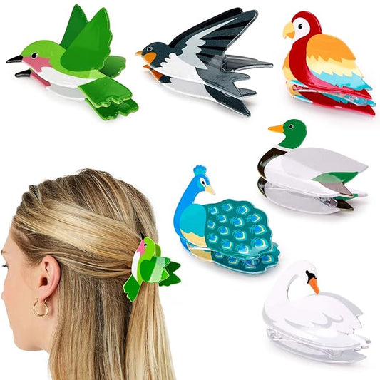 Birds Hair Claw Clips - Peacock, Swan, and Swallow Brooches for Short and Long Hair, Gift Idea for Bird Lovers and Women, 6 Pcs