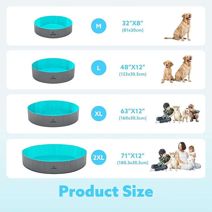 SLOOSH Foldable Dog Kiddie Pool - Portable Hard Plastic Doggie Swimming Pool, Anti-Slip Collapsible Pets Bath Tub Suitable for Kids Toddler Indoor Outdoor Backyard Use (Gray, 63" x 12")