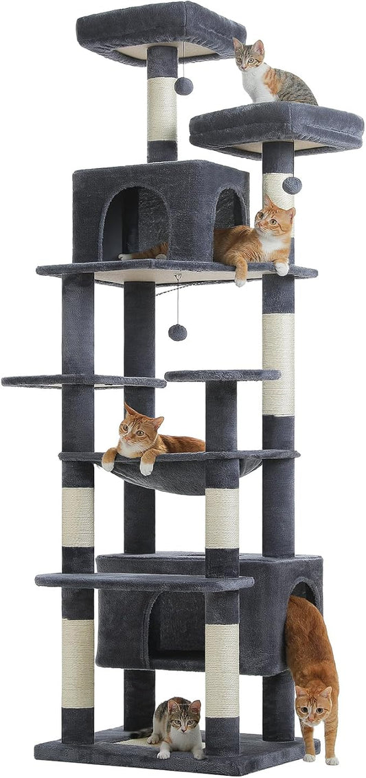 PAWZ Road Heavy Duty Cat Tree for Large Cats, 81 Inches Tall Cat Tower with 2 Perches, 2 Condos and Spacious Hammock, XL Extra Large Condo with 7 Scratching Posts for 20lb+ Adult Cats, Dark Gray