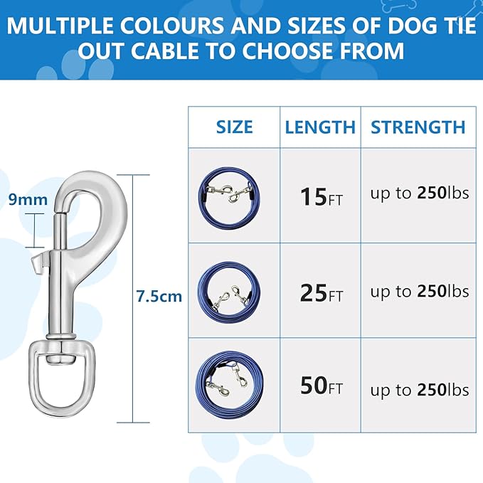 50FT Tie Out Cable for Dogs Up to 250 Pounds, Heavy Duty Lead for Large Dogs, Runner for Yard Outdoor and Camping, Blue