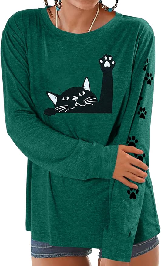 JINTING Cat Shirts for Women - Loose Fit Lightweight Long Sleeve Graphic Tee Fall Printed Crewneck Blouse Casual Tops
