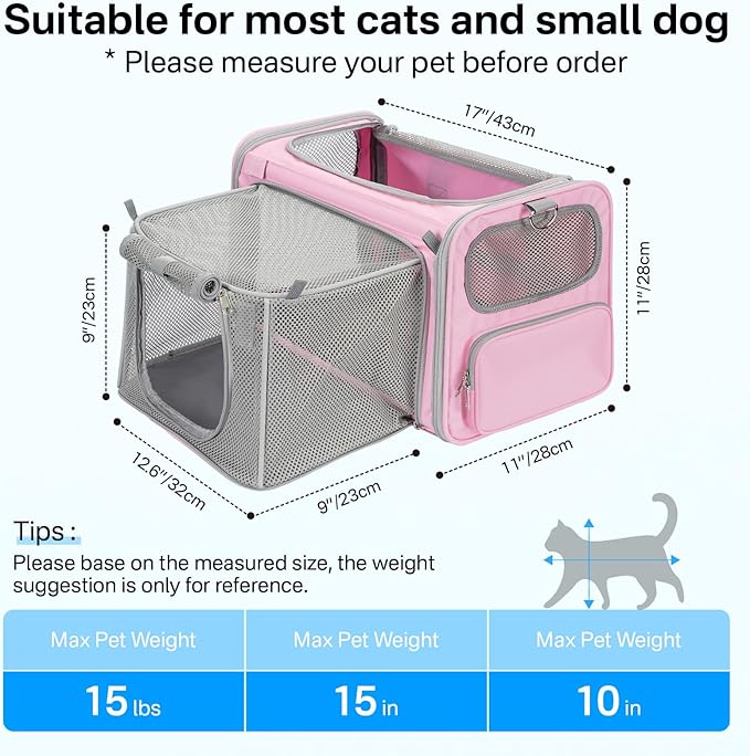 Cat Carrier Soft for Travel & Vet Visits, Expandable Soft Pet Carrier for Cats Dogs Up to 15 lbs, Breathable & Cozy Cat Bag Carrier, Airline Approved Portable Pet Travel Carrier, Pink