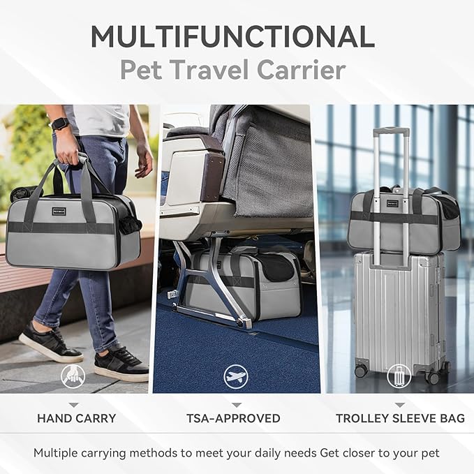 PETSFIT Multipurpose Console Dog Car Seat, Portable Small Dog Car Seat for Dogs, Cat Carrier, Pet Carrier Airline Approved with Safety Tether and Pockets (Light Grey)