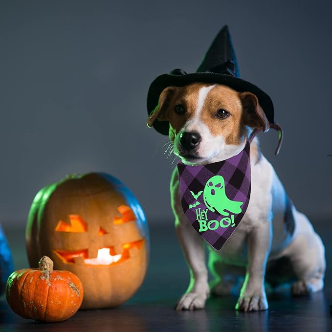 ADOGGYGO Halloween Dog Bandana Reflective Trick or Treat Boo Scarf Orange Purple Plaid Halloween Bandanas for Small Dogs Pets (Small)