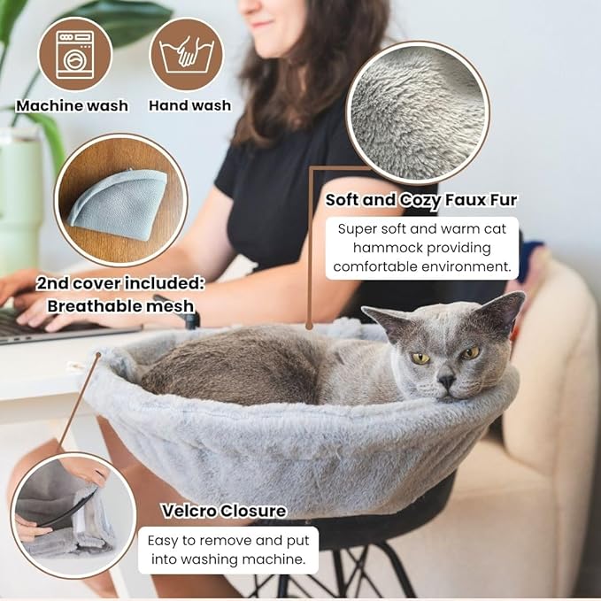 Cat Desk Bed - Stable and Sturdy, Rotating Cat Hammock, Desk Perch with 2 Washable Covers, Non-Slip Clamp - Safe, Space-Saving Cat's Furniture for Remote Workers, Gamers, Holds Up to 40lbs