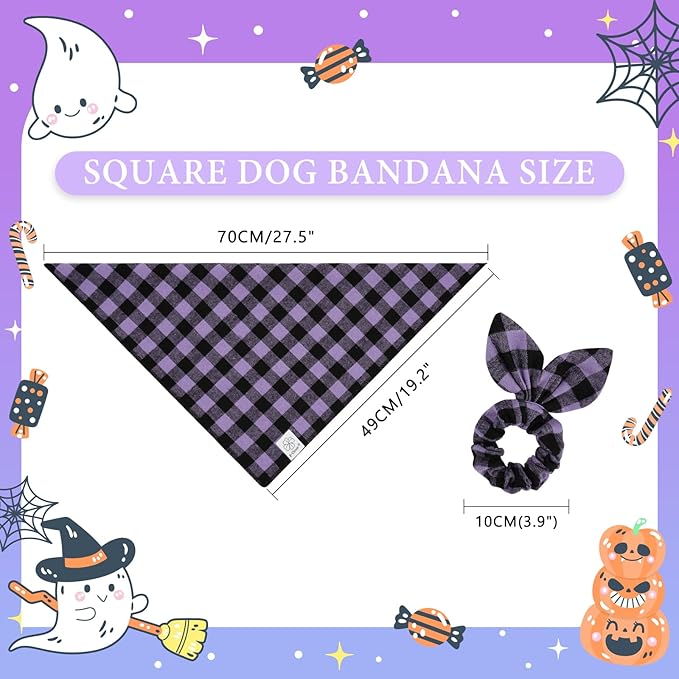 E-Clover Halloween Dog Bandanas & Matching Scrunchie-Plaid Dog Bandana Girl Boy Pet Scarf Kerchief for Medium Large Dogs Puppy Owner Mom Gifts Purple