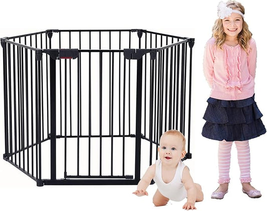 150" Wide Pet Gate Metal Safety Playpen - Fireplace Fence for Pet/Dog/House Stairs, 6-Panel, Black