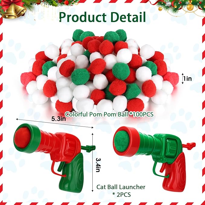 Mity rain 102PCS Cat Ball Launchers & Pom Pom Balls Interactive Cat Toy Set – Safe Soft Plush Kitten Toys for Indoor Cats, Fun Kitten Toys for Endless Active Play (Christmas)