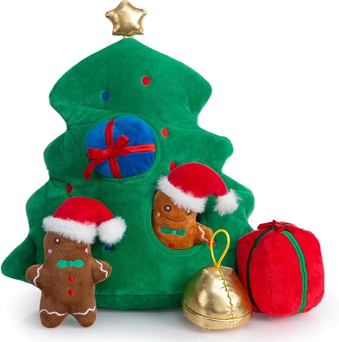 Hollypet Squeaky Dog Toy, Interactive Plush Hide and Seek Dog Toys for Small Medium Sized Dogs and Non-Aggressive Chewers, Puppy Teeth Clean Chew Toys, Christmas Tree