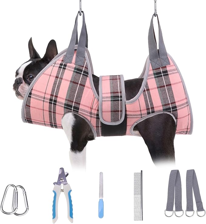 BEAUTYZOO Dog Grooming Hammock for Small Dogs Cat- Dog Sling for Nail Trimming/Clipping- Dog Hanging Harness Holder with Thick Fabric Neck Support & Strap Restraint Claw Care, Pink S