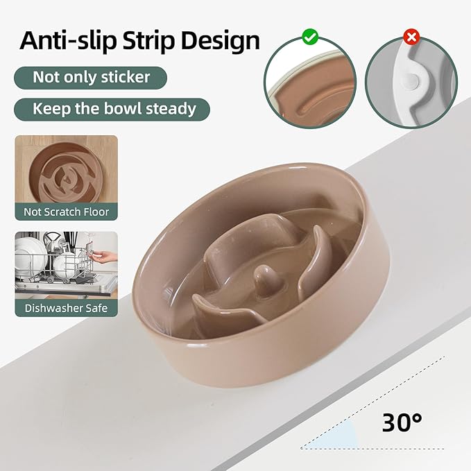 Ceramic 0.9 Cup Dog Bowl Slow Feeder for Small Dog, 6.1inch Pet Slow Feeder, Stop Bloat, Preventing Choking(Single Bowl-Brown Coffee)